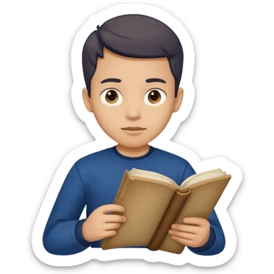 joven con camiseta azul oscuro leyendo un pergamino sticker