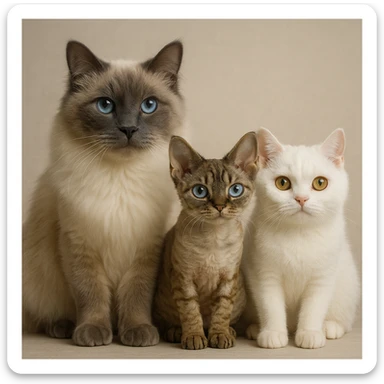 Three cats sitting close together from left to right: a big male blue point Birman cat with blue eyes, a small female brown tabby Devon Rex cat with pale blue eyes, and a small female white British Shorthair cat with yellow eyes. sticker