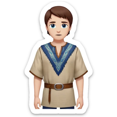 Medieval spring outfit worn by a DnD themed fantasy male character. Light olive linen tunic with hand-stitched geometric patterns at the neckline, secured with a leather cord belt. Clothes only above the waist, full waist coverage. The character has no arms. Character is white-skinned with mahogany brown hair, deep blue eyes, and short straight hair with feathered edges. sticker