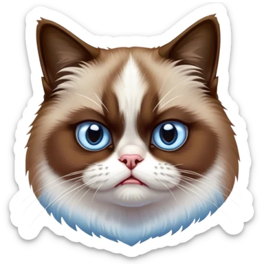 Cinematic Meme-Worthy Grumpy Snowshoe Cat Portrait Emoji, Head held high but eyes filled with dramatic disappointment, soft brown fur, white paws planted firmly in defiance, signature grumpy cat frown perfectly etched on its face, icy-blue eyes radiating pure disapproval, Simplified yet hilariously over-exaggerated features, highly detailed, glowing with an aura of supreme annoyance, high shine, exhausted yet judgmental, stylized with an almost regal pettiness, bright but brooding, soft glowing outline, capturing the essence of a feline that has seen it all and is thoroughly unimpressed, so meme-worthy it feels like it could instantly become the next viral sensation of grumpiness! sticker