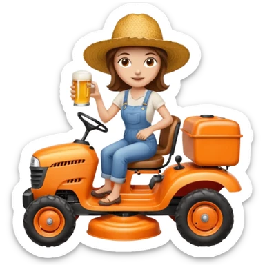 White woman with brown hair, without glasses wearing a straw hat, on old orange ride on lawn mower, holding a beer sticker