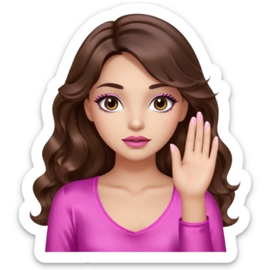 girl with long wavy brown hair, brown eyes, light to medium complexion, in a pink sexy top, pink lips, long lashes, silent motion with the hand sticker
