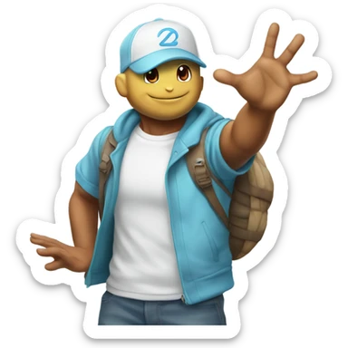 casual indoor portrait of male high fiving squirtle sticker