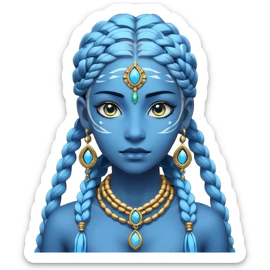 Illustrate a Pandora-style female avatar with radiant blue skin, intricate facial markings, twin braids flowing down, and deep luminous eyes. She wears golden earrings and a tribal rope necklace with a gem, her calm yet powerful gaze reflecting the spirit of the Na’vi. sticker