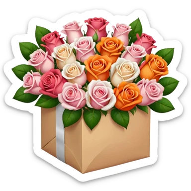 light pink Bouquet of red orange pink white roses in package sticker