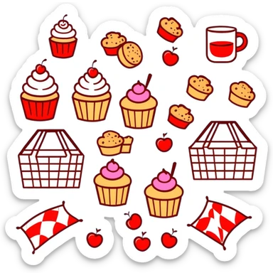 picnic with cupcakes, cookies and tea on a red and white checkered blanket sticker