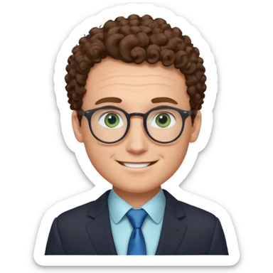 The face of a white man, with blue/green eyes, a large forehead, small and thin round glasses, curly brown hair, wearing a suit, and smiling sticker