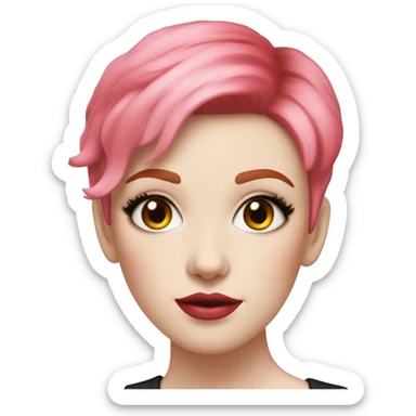 Woman with very pale skin, with bright red pixie cut hair, heavy eye makeup, cat eyeliner, long eyelashes, bright pink blush and bright pink lipstick  sticker