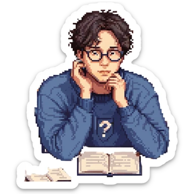 Flat pixel are, calm and curious male thinker, light skin, short tousled dark hair, round glasses, focused expression, wearing an indigo sweater, seated at a desk with open books and a floating question mark above his head, one hand resting under his chin in thought, waist-up, front-facing sticker