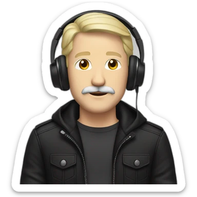 ADULT WHITE MAN BLONDE HAIR AND MUSTACHE USING A BLACK JACKET AND A HEADPHONE WITH A NEUTRAL FACE sticker