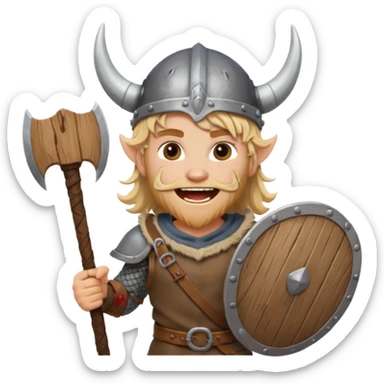 A young Viking warrior with messy hair, wooden shield, and fierce excited grin with horned helmet sticker