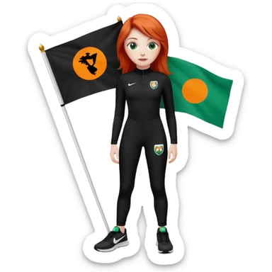 white girl wearing orange cameo trousers and along sleeve high neck black bodysuit with black and white Nike trainers. she has red hair and bluey green eyes and is holding flag with her logo on  sticker