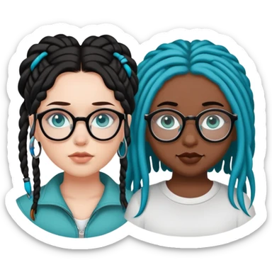 curvy fair skinned girl with teal eyes and black hair, a septum piercing, next to a brown skinned girl with blue dreads and and glasses   sticker