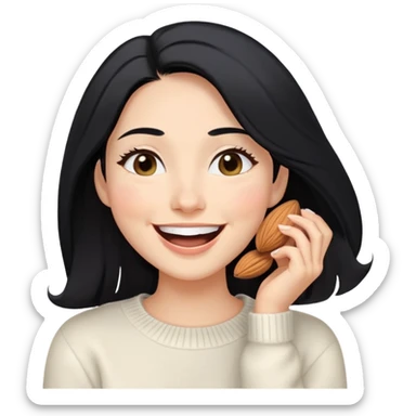 A woman with longer black hair, light to medium skin tone, full cheeks, and almond-shaped eyes, wearing a simple white sweater, joyful and radiant expression, cheerful, laughing. sticker