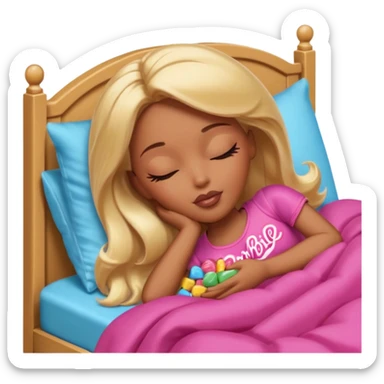 Brown skin blonde hair Barbie sleeping in bed with eyes closed with candy sticker