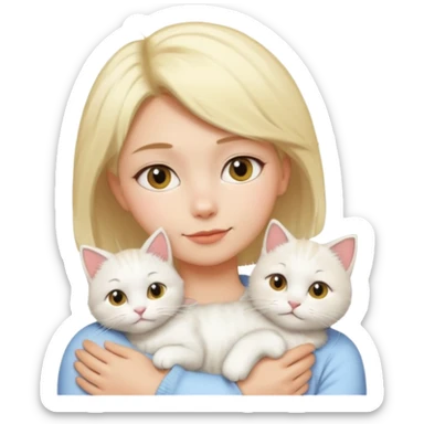 a girl with short blonde hair, a white fluffy cat lying on her left shoulder and neck, emoji style sticker