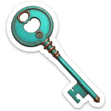 3D render of Vintage Key, heavily oxidized copper texture, verdigris patina, Ornate key fully turned teal, weathered bronze aesthetic, ancient decay, emoji style, isolated on white background --v 6.0. sticker