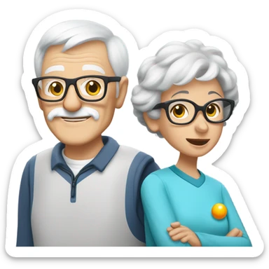 A small grandma with short grey hair and glasses, and a thin grandpa with a short white beard and glasses, playing pickle ball with a small black and white schnauzer sticker