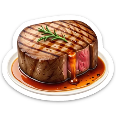 Cinematic thick-cut scotch fillet steak, perfectly seared with grill marks, a grilled center, rich and savory, warm glow, sizzling and mouthwatering, highly detailed and appetizing. sticker