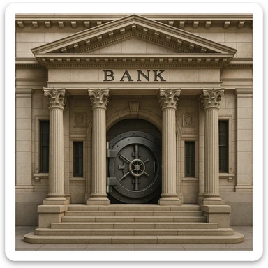 a bank building, classic style, stone columns, vault door, financial institution sticker