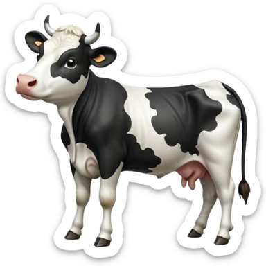 cinematic-[black and white cow]-realistic-full-body-standing-emoji,-tail-flicking-lazily,-head-tilted-dramatically,-sleek-[black and white]-coat,-simplified-yet-realistic-focused-features,-highly-detailed,-glowing-with-an-almost-sarcastic-glow sticker
