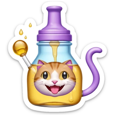 Smiling bottle of oil light purple top and light blue sticking tongue out and with cat ears sticker