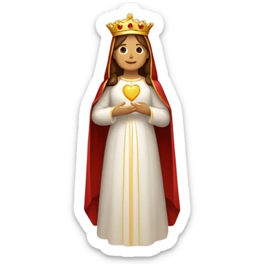 virgen maria con corona dorada, cabello marrón, túnica blanca y corazón rojo sticker