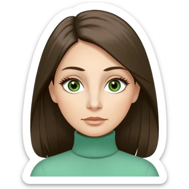 43 year old Adult woman avatar, light skin tone, long, oval face, long straight ashy brown hair, green almond-shaped eyes with dramatic eyelashes and minimal eyeliner, neutral mouth, medium straight eyebrows, average nose, smooth skin,  mint green turtle neck  sticker