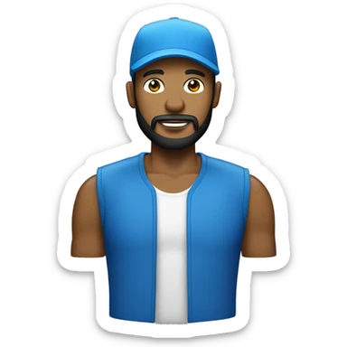 Homme blanc avec une barbe naissante portant une casquette bleu , un survêtement bleu et des baskets bleues sticker