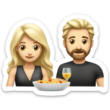 Repas en amoureux blancs femme blonde cheveux mi-longs homme petite barbe et moustache grisonnant  sticker