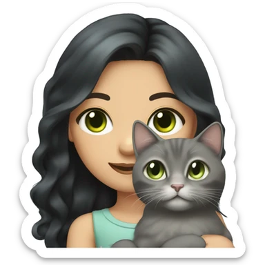 girl with long wavy black hair and dark hazel eyes holding fluffy grey cat with light green eyes sticker
