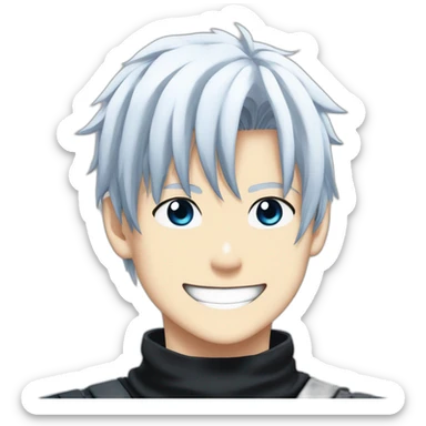 gojo satoru from jujutsu kaisen with white manga hair style, blue sky eyes and wear a black tight tshirt smiling sticker