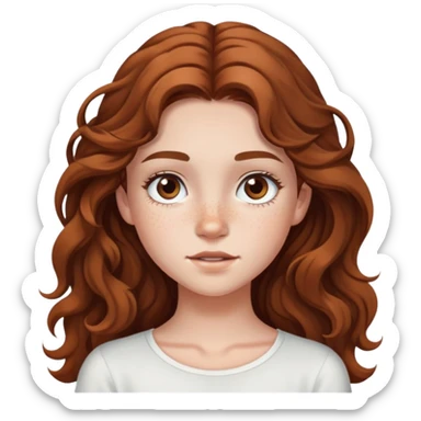 teenage girl with long wavy hair, freckles, long eyelashes, white top sticker