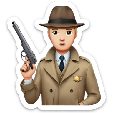 Icon for Detective Movie: A vintage movie poster-style design featuring a close-up of a detective with a gun on a dark London street under the full moon. The scene includes faint traces of blood on the asphalt, hinting at a murder. Retro cinematic typography. Transparent background. sticker