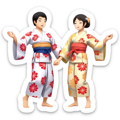 Cinematic Realistic scene of two performers engaging in Bon Odori, dressed in traditional yukata with intricate summer patterns, captured in graceful, rhythmic motion with warm, festive lighting sticker