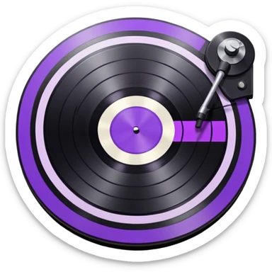 black pixel art vinyl record with a purple and white striped middle label, pixel art, as if you were looking at it from an angle sticker