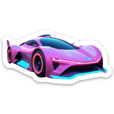 A futuristic racing car with glowing neon lights, sleek aerodynamic design, and a cyberpunk cityscape in the background. The car is speeding through a neon-lit street with high-tech buildings and holograms." sticker