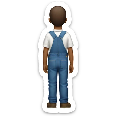 white shirt from behind, boy pointing up, blue overalls sticker