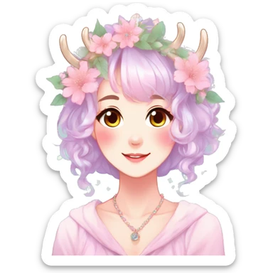 Gorgeous Shiny Colorful Pastel Anime Style Mature Lady with blushing face and pretty hair with a flower crown and antlers pastelcore kawaii cottagecore fairycore aesthetic trending style sticker