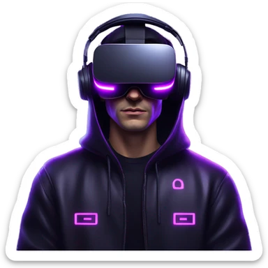 Russian man wearing a black hoodie with "OMG" letters on it and VR headset in a cyberpunk VR environment with violet neon lighting. sticker