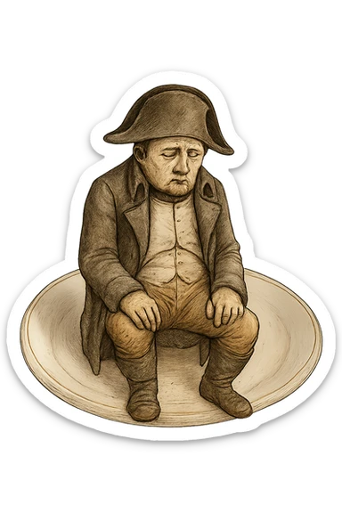 Сгенерируй мне такую же тарелку, только чтобы на ней сидел наполеон бонапарт, грустный, в чуть чуть рваной одежде. ТОРТ УБЕРИ ПОЛНОСТЬЮ. На прозрачной фоне  sticker