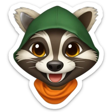 brown raccoon with orange eyes and a dark green hood that is laughing sticker