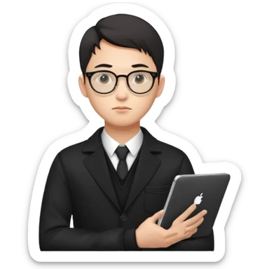a asia white man guy his 26olds wearing an apple notebook, wearing bodyguard radio operator, round glasses, black clothes sticker