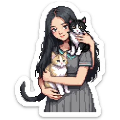 Beautiful girl with long black hair petting a gray and blonde mixed cat sticker