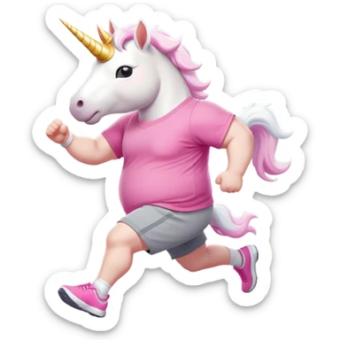 friendly anthropomorphised male white unicorn with an extra chunky, very strong and stocky build, arms and legs matching the white of the head, in grey shorts and pink t-shirt, wearing dark sunglasses, jogging upright in a relaxed pose sticker