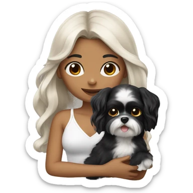 TAN SKIN GIRL with long black wavy hair and bangs holding her black and white shitzu  sticker