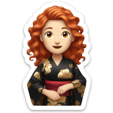 Long wavy Red hair woman, wearing a black gold kimono sticker