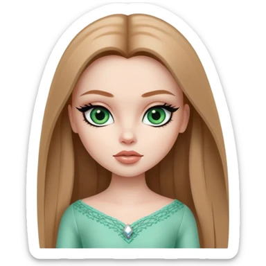 pretty bratz girl, long straight light brown hair, jade green eyes, black eyeliner, pale skin sticker