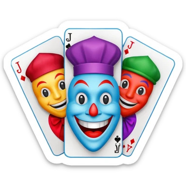 bunch of 3 poker cards, with crazy colorful human jolly jokers inside, inversed face sticker