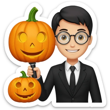 A pumpkin smiling at a magnifying glass (the magnifying glass has a suit thats black, the magnifying glass also has one eye in the middle turn the magnifying glass into a living person give the magnifying glass Normal looking eyes and give it actual arms and legs  sticker